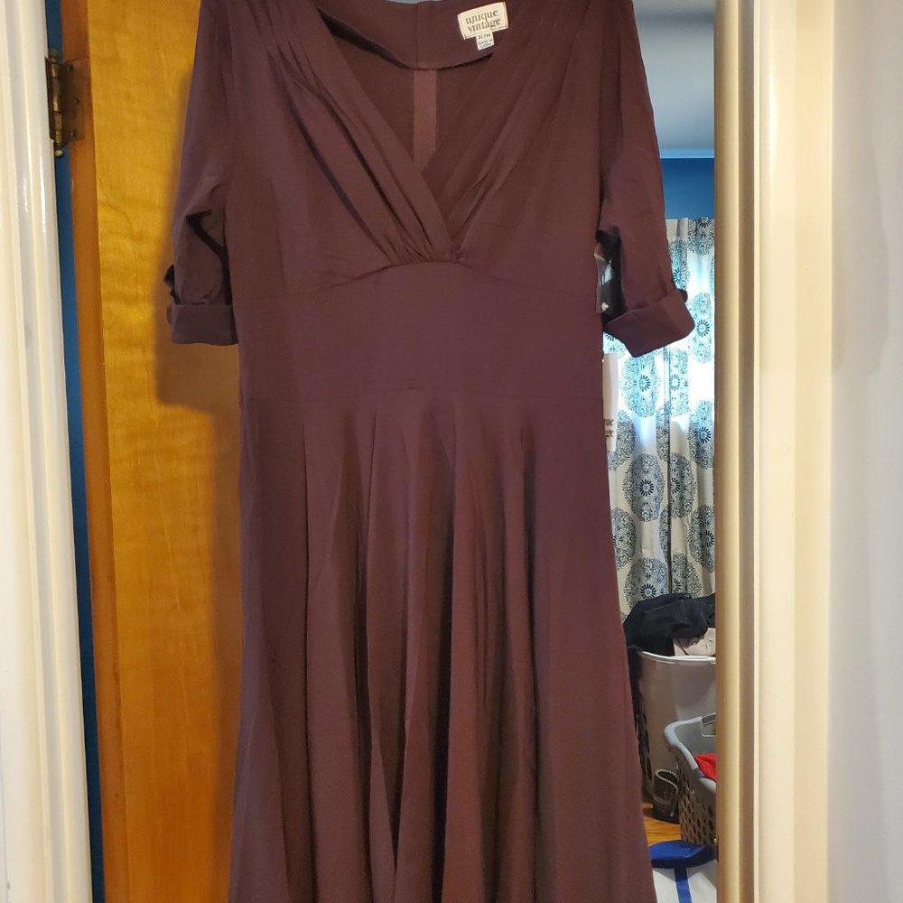 NWT Size XL/14 Unique Vintage Delores Swing Dress with Sleeves in Eggplant - Picture 7 of 9